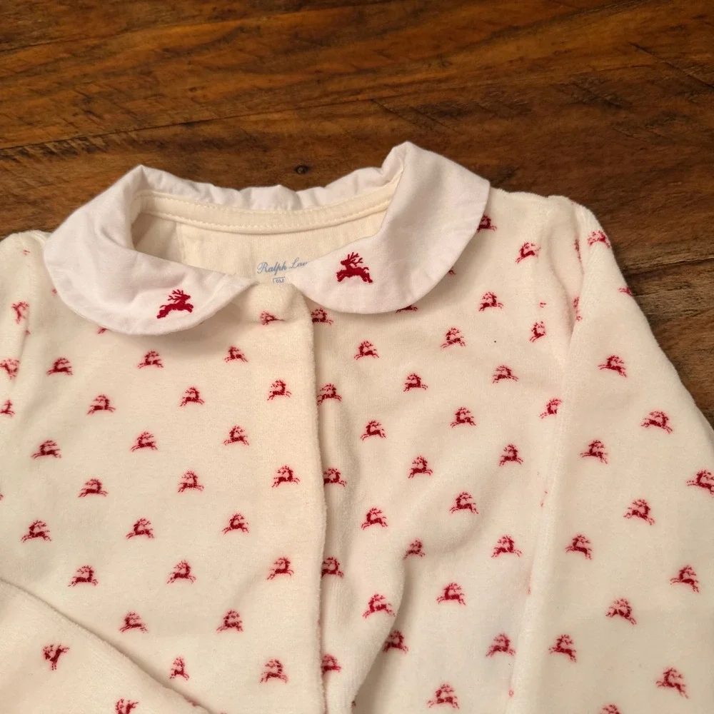 Ralph Lauren Baby 9M Reindeer Velour Footed Sleeper Cream Red Peter Pan Collar